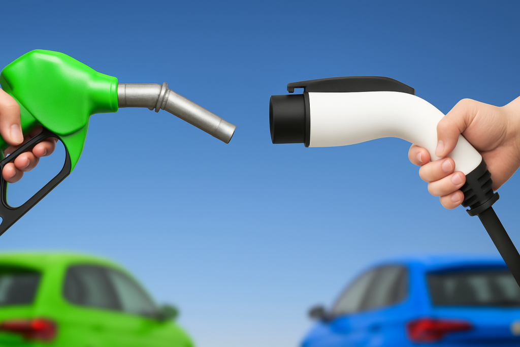 Deux mains tiennent chacune un pistolet de carburant : à gauche, un pistolet vert pour essence ; à droite, un connecteur de recharge blanc pour véhicule électrique. En arrière-plan, une voiture verte et une voiture bleue sont floues sous un ciel bleu clair.