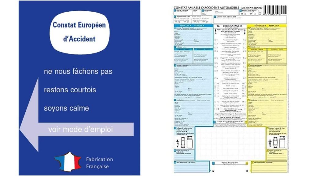 Formulaire de constat européen d'accident automobile accompagné d'une dashcam BlackVue, montrant l'importance des preuves vidéo