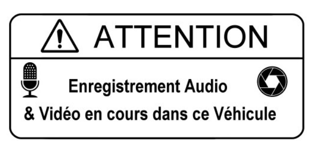 Image d’un autocollant de dashcam avec la mention : « Attention ! Enregistrement Audio et Vidéo en cours de ce véhicule »