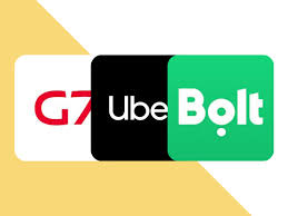 Logos des applications de transport VTC et taxi Uber, Bolt et G7, représentant les entreprises qui recommandent l'usage de dashcams pour leurs chauffeurs professionnels.